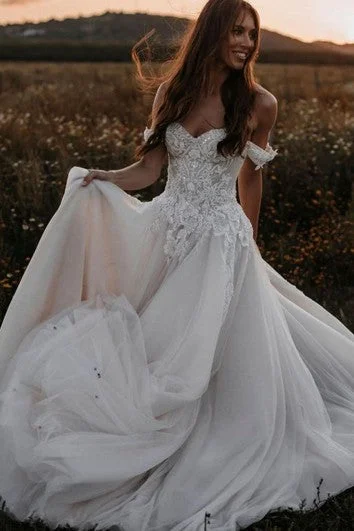 Bohemian A Line Tulle Off-the-shoulder Wedding Dress with Appliques