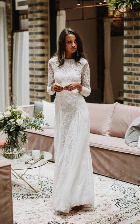 Bateau-neck Lace Long Sleeve Boho Deep-v Neck Wedding Dress