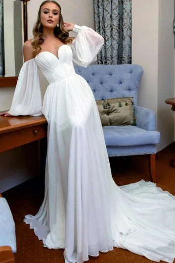 Romantic Off-the-shoulder A Line Floor-length Court Train Long Sleeve Wedding Dress