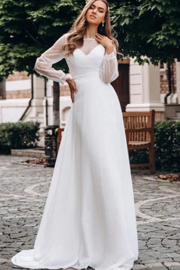 Simple Bateau A Line Floor-length Long Sleeve Wedding Dress