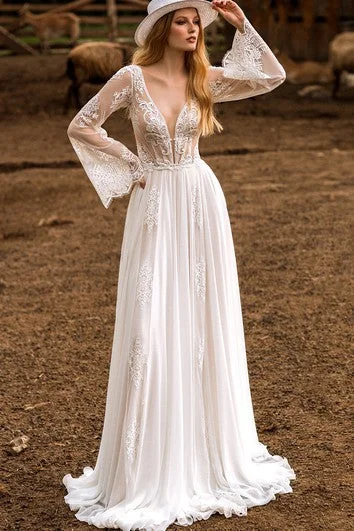 Bohemian A Line Tulle Floor-length Long Sleeve Open Back Wedding Dress with Ruching