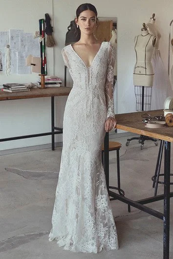 Sexy Mermaid Bohemian Illusion Long Sleeve Lace Bridal Gown With Plunging