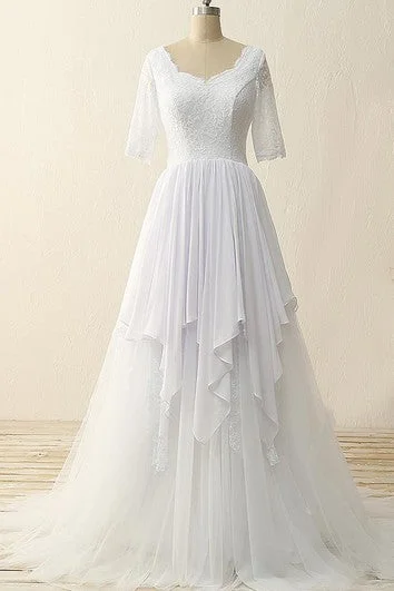 Half Sleeve Sweep Train Zipper Chiffon Tulle Lace Satin Dress