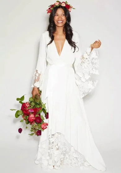 Hippie Boho Flutter Long Sleeve V-Neck Lace Chiffon Vintage Simple Wedding Dress