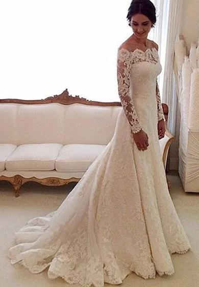 Off-shoulder All Lace A-line Gown With Long Sleeves