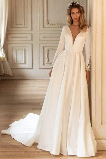 Modern A Line Satin Wedding Gown with Ruching and Train