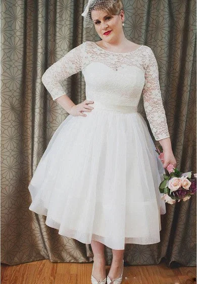 Plus Size Vintage Style Scoop Neckline 3-4 Long Sleeve Lace Tea Length Bridal Gown