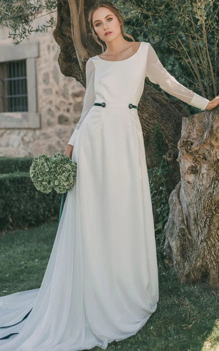 Simple Empire Illusion Long Sleeve Chiffon Sheath Wedding Dress with Sweep Train and Deep-v Back