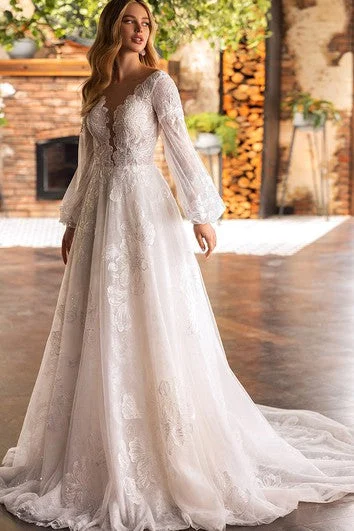 Romantic A Line Chiffon Scalloped Court Train Wedding Dress with Appliques