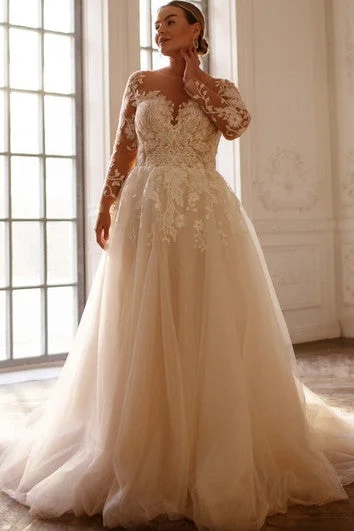 Sexy Ball Gown Bateau Lace Sweep Train Wedding Dress with Appliques