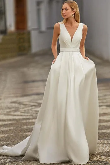 Casual A Line V-neck Satin Court Train Wedding Dress with Pockets