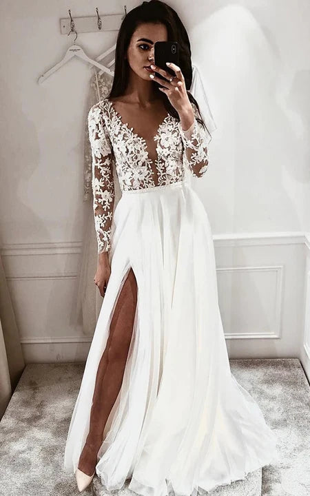 Lace Long Sleeve Plunged V-neck Empire Chiffon Front Split Wedding Dress