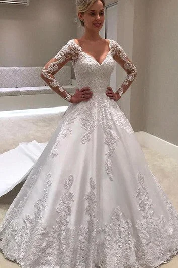 Elegant V-neck Ball Gown Court Train Satin Wedding Dress with Appliques