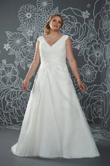 A-Line Floor-Length V-Neck Cap Satin Court Train Lace-Up Back Ruching Dress