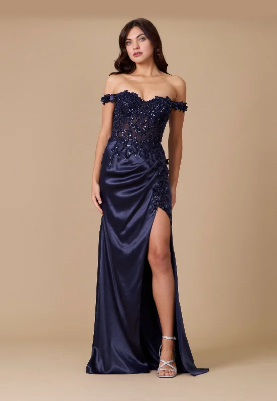 Fitted Corset Off the Shoulder Formal Prom Dress Navy