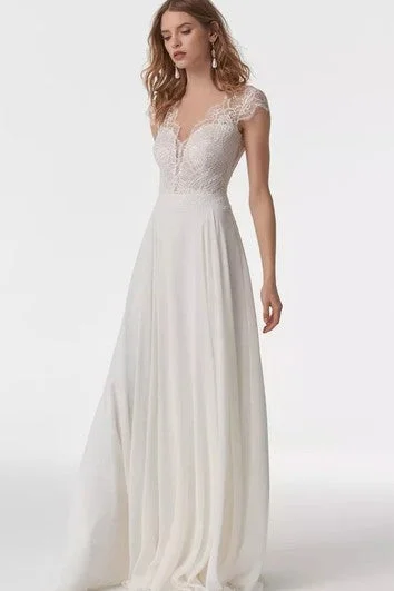 Elegant A Line Chiffon Long Sleeve Illusion Cap Wedding Dress with Lace