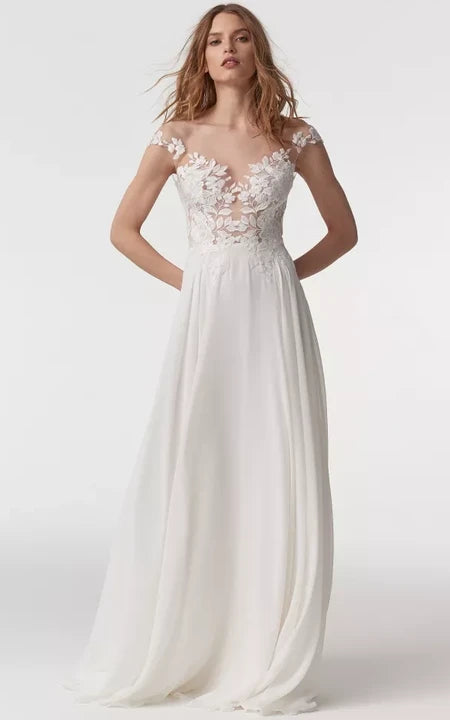 Chiffon Empire Off-the-shoulder Sheath Low-v Back Wedding Dress with Lace Top