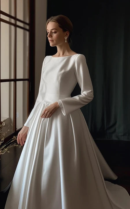 Elegant Modest and Modern Long Sleeve Scoop-neck Solid Satin Wedding Dress