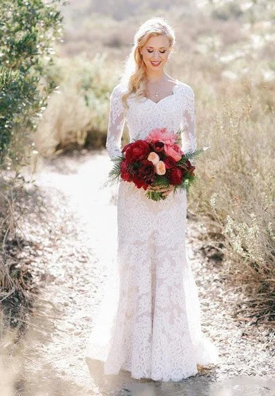 Lace Long Sleeve Country V-neck Elegant Garden Wedding Dresses