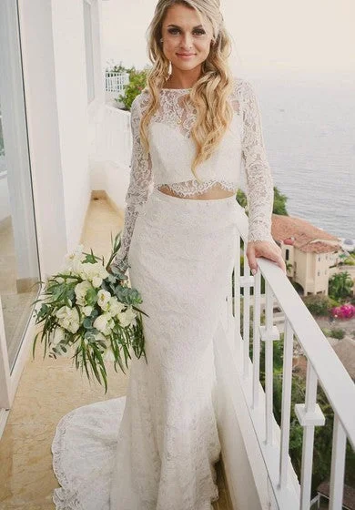 Simple Bateau Lace Two Piece Floor-length Long Sleeve Wedding Dress