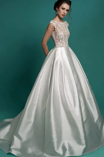 A-Line Floor-Length Bateau-Neck Cap-Sleeve Zipper Satin Dress With Appliques And Beading