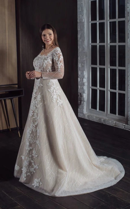 Long Sleeve Illusion Plus Size A-line Wedding Dress with Lace Applique