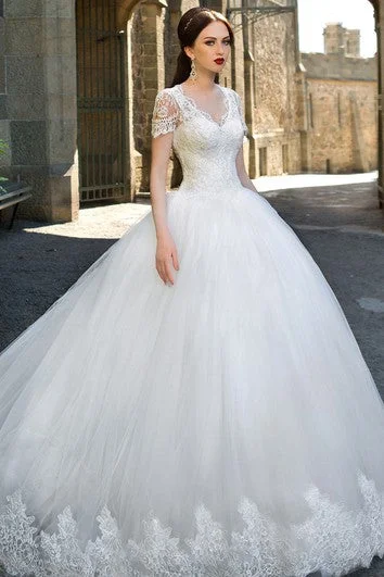 Ball Gown Long V-Neck Cap-Sleeve Zipper Tulle Dress With Appliques