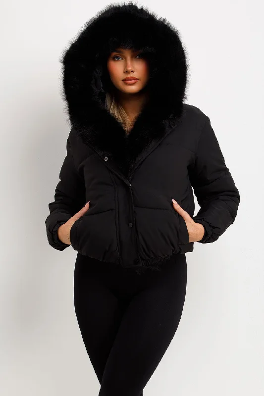 Bomber Jacket With Fur Hood And Trim Black