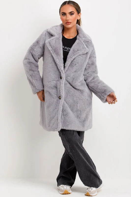 Faux Fur Coat With Lapel Collar Grey