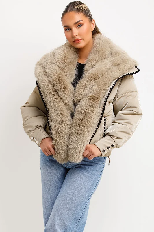 Faux Fur Collar And Trim Puffer Coat With Contrast Stitching Detail Beige