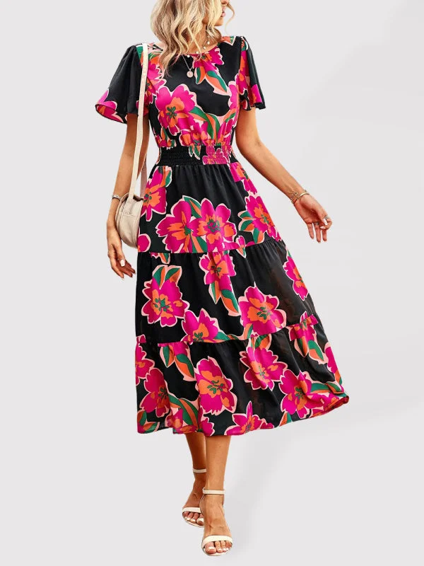 Floral Dress 2023 Summer Temperament Elegant Waist Short Sleeve Long Dress