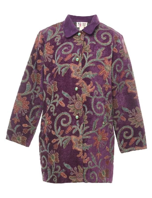 Floral Pattern Purple 1980s Tapestry Jacket - M