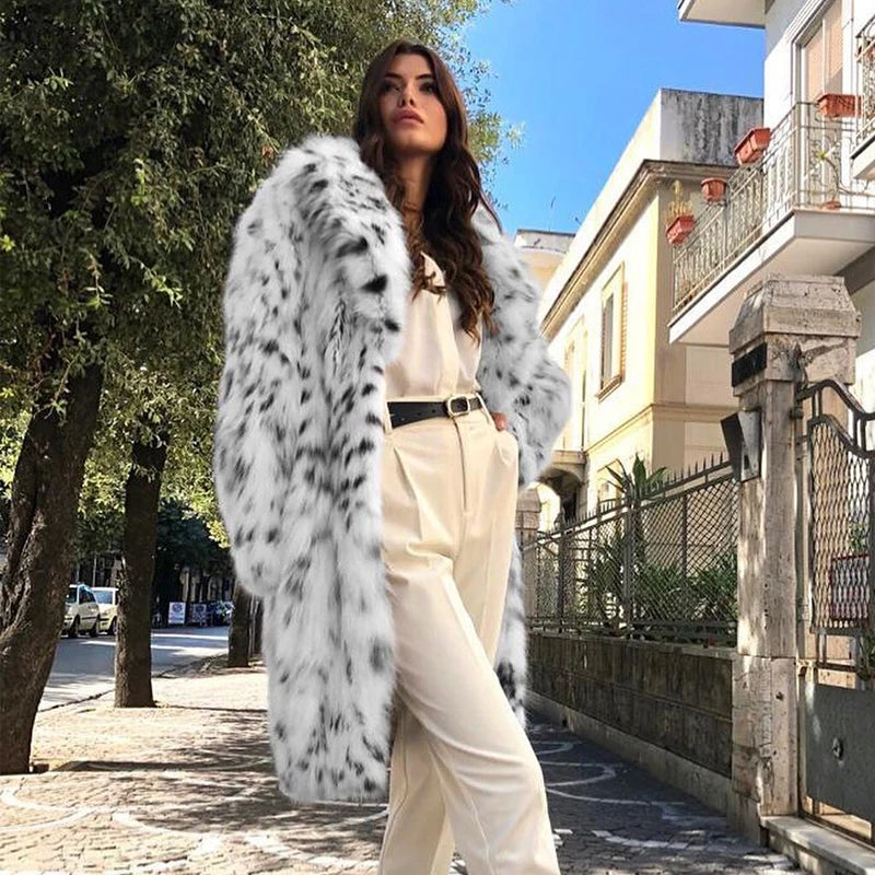 Fluffy Furry Leopard Faux Fur Coats Long Belted Overcoats Fox Fur Coat