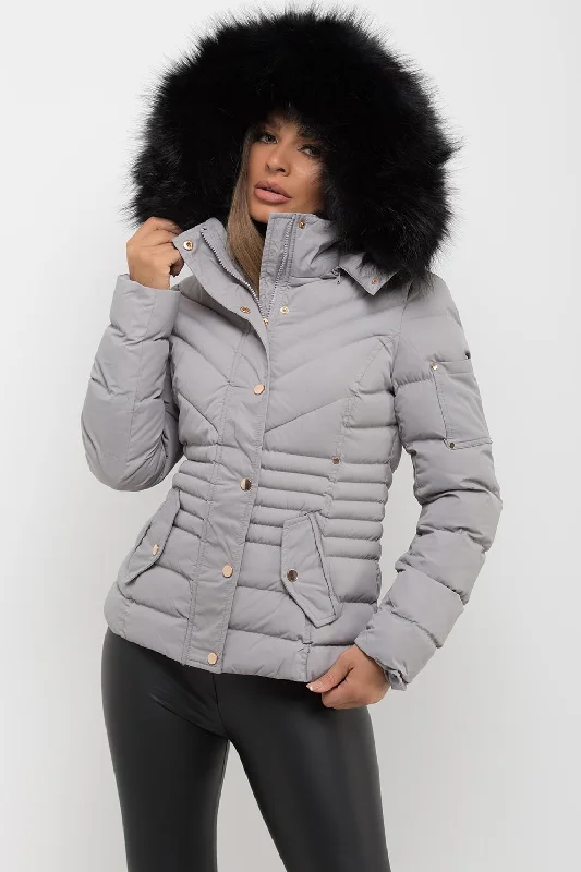 Grey Puffer Coat With Fur Hood