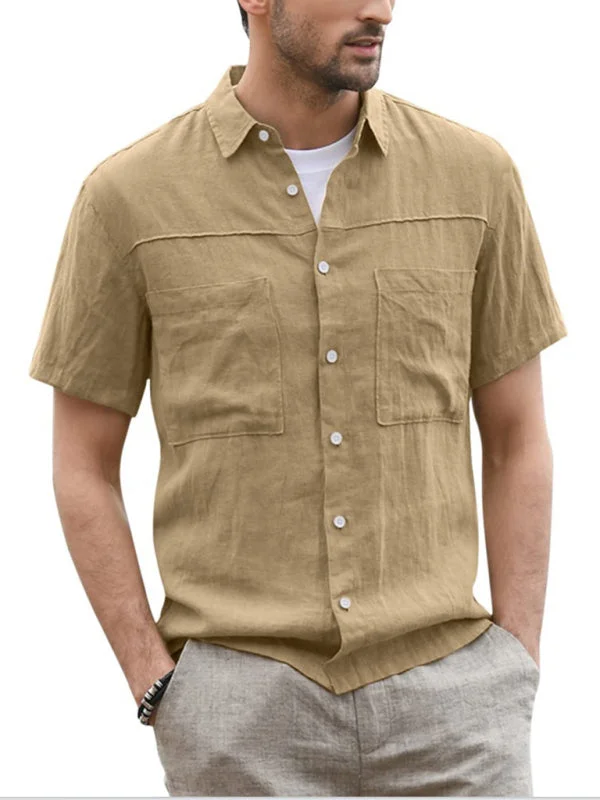 Men's Casual Button Down Shirt Cotton Linen Short Sleeve Pocket Wide Collar Shirt