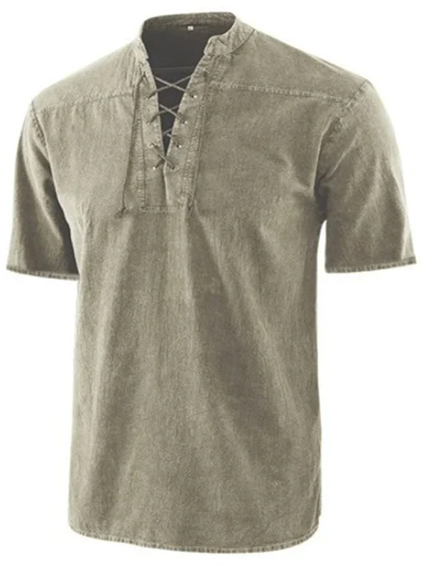 Men's Woven Retro Lace Up Collar Casual Short Sleeve Shirt