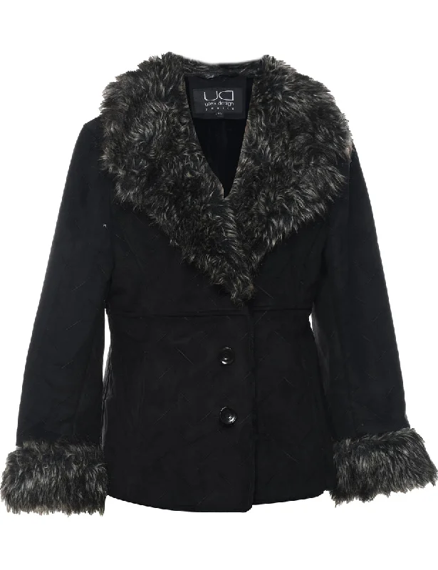 Single Breasted Black Faux Shearling Lined Afghan Jacket - L