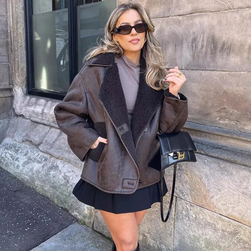 Woman Thick Faux Leather Jacket for Women Coat Plush Jacket Outerwear