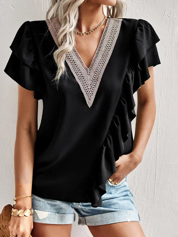 Women's Elegant Solid Color V Neck Ruffle Short Sleeve Top