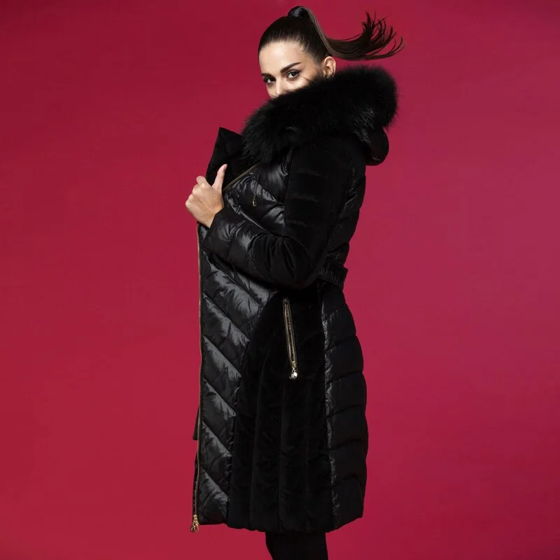 Women's Fashion Raccoon Fur Collar Thickened Medium Waist Down Coats