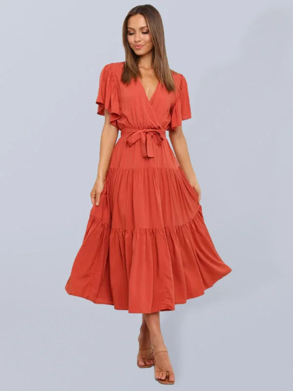 Women'sSolid v-neck short sleeve bohemian midi dress