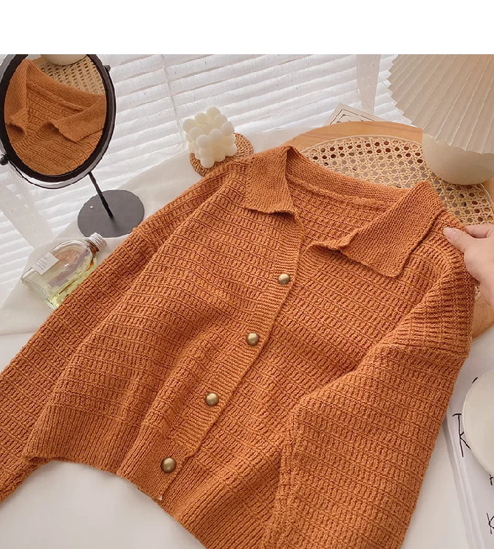 Casual Vintage Lapel long sleeve loose knit top  5872