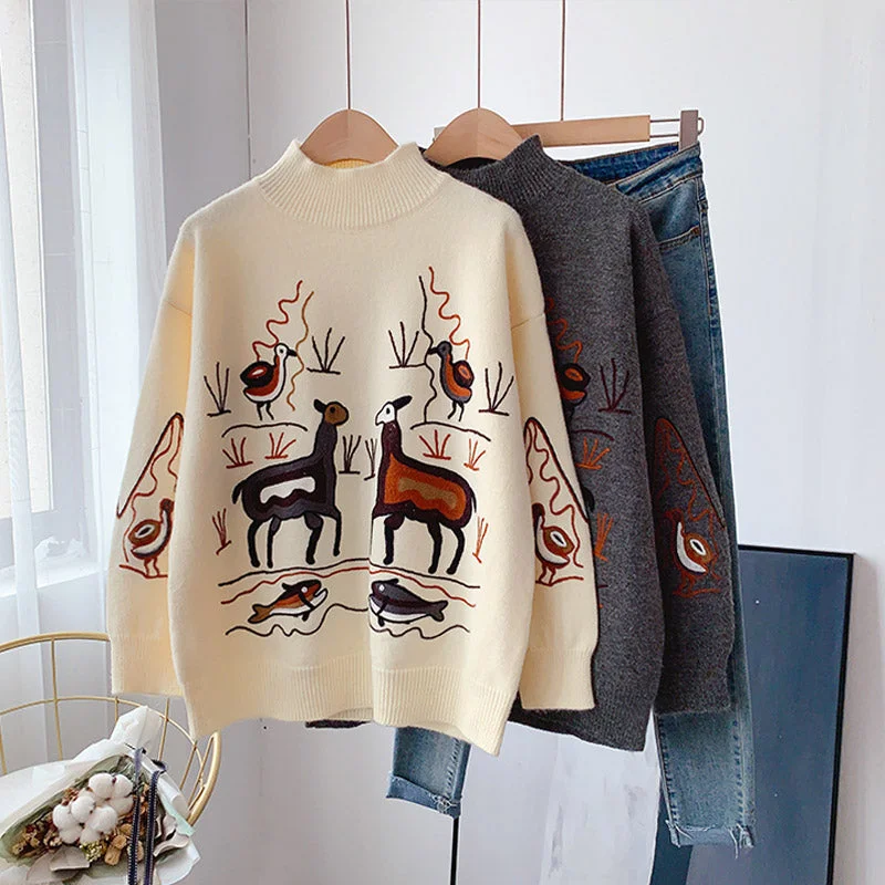 Heavy industry embroidery sweater retro Hong Kong Style half high collar  5160