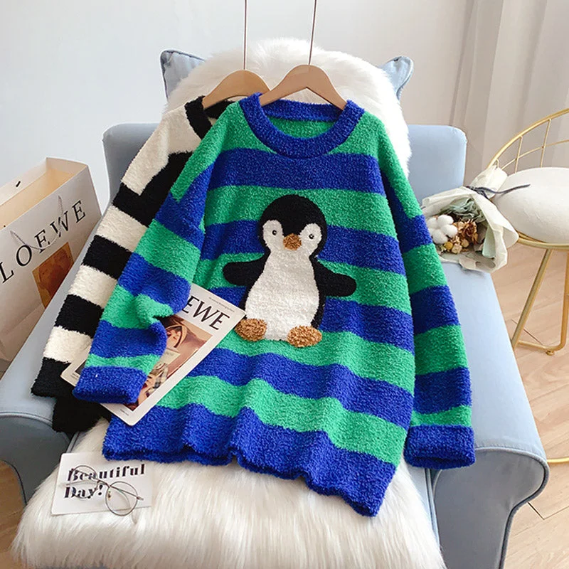 Japanese cute cartoon little penguin stripe lazy wind top  4984