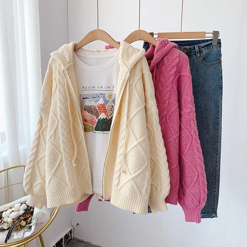 Knitted hooded twist sweater coat women's cardigan  5049