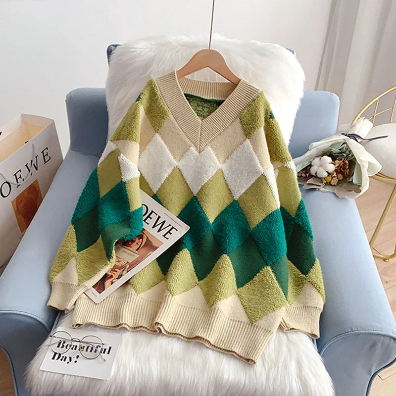 Lazy wind Lingge V-Neck Sweater Korean sweater  5128