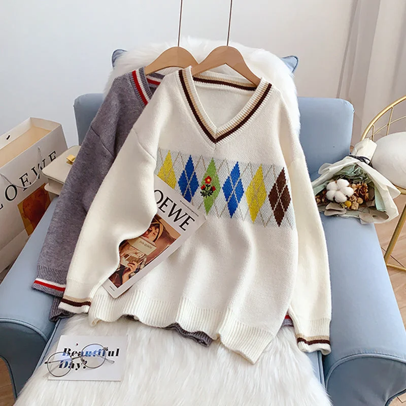 Ling Ge retro V-Neck Sweater sweater sweater top  5201