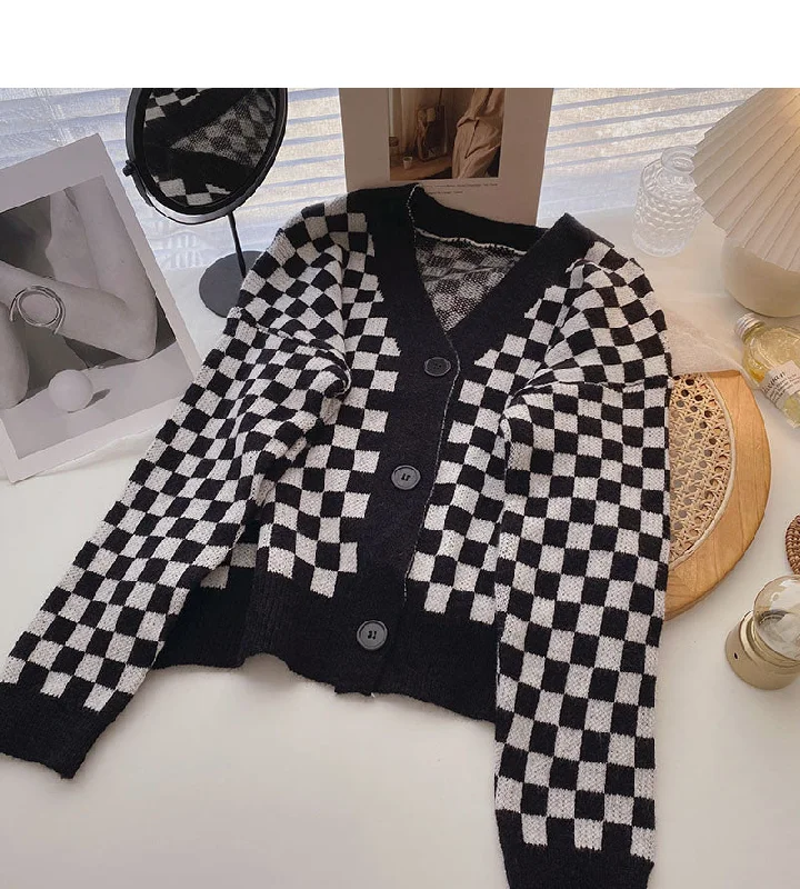 Niche design contrast checkerboard long sleeve top  5875