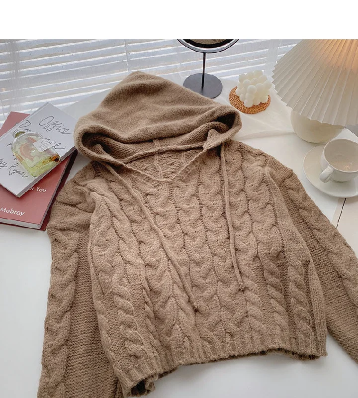 Niche design hooded Pullover long sleeve short knit top  5854