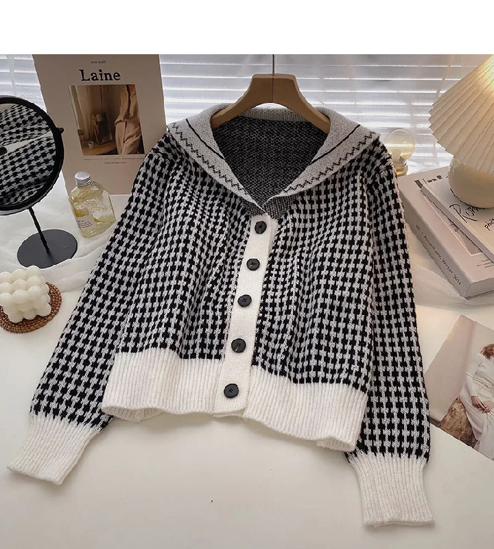 Plaid Navy neck Vintage knit cardigan  5924